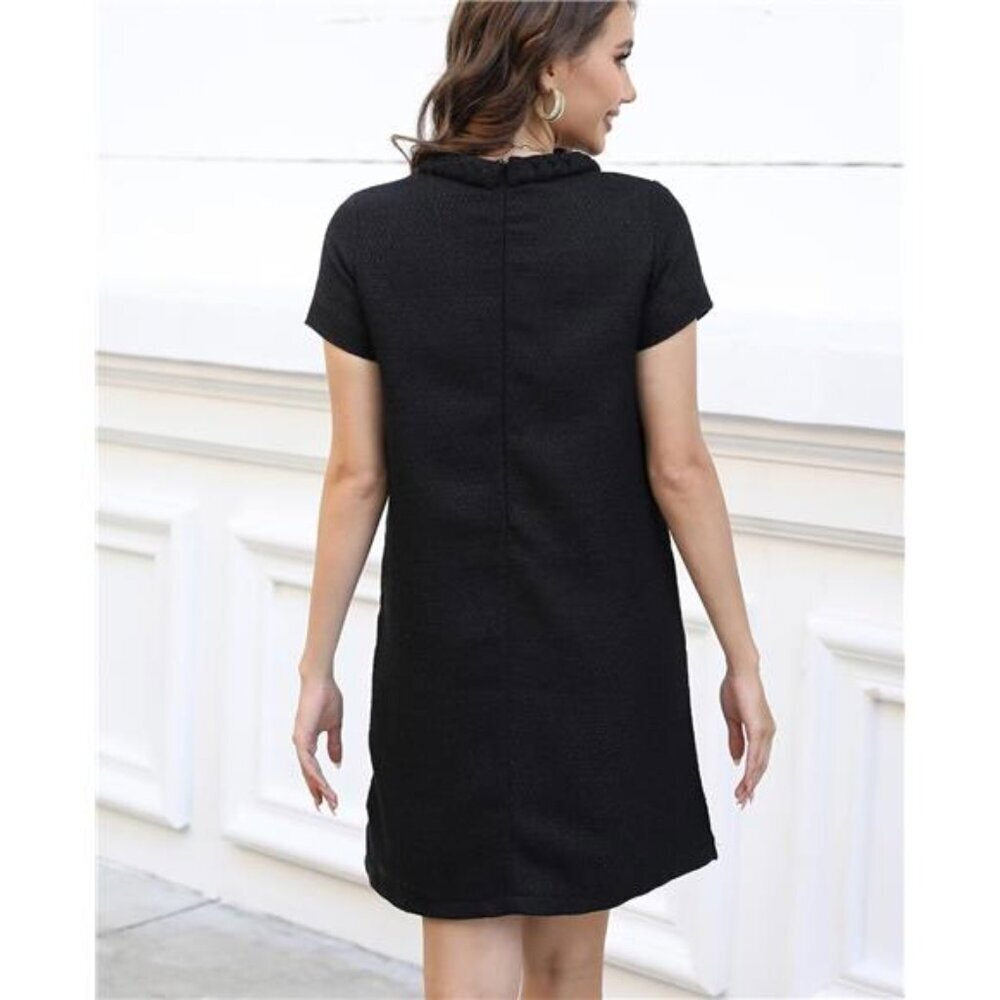Women's Tweed Jackie Dress Crew Neck Short Sleeve Button Bodycon Mini - Picture 2 of 6